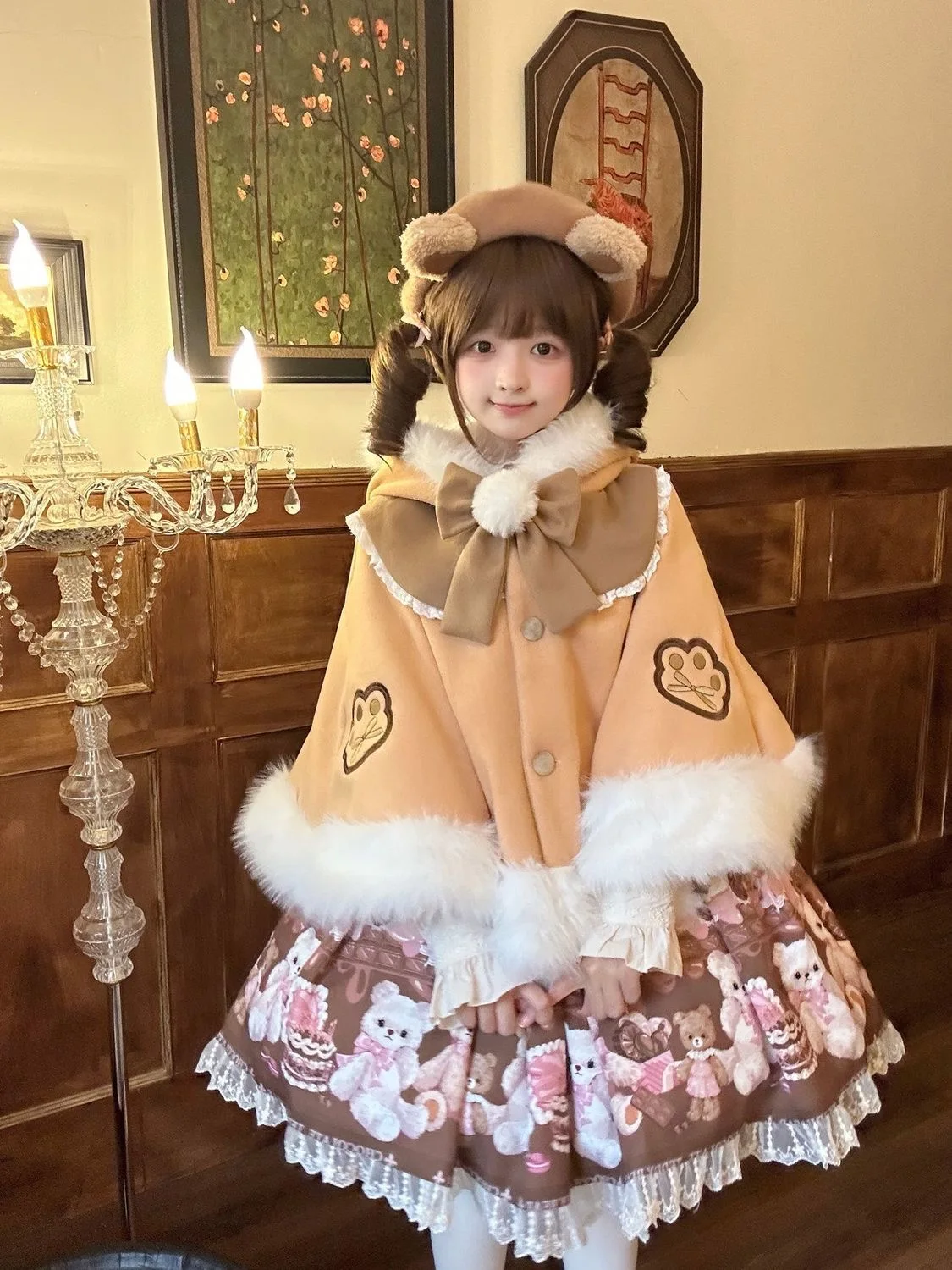 เสื้อคลุมโลลิต้าฤดูหนาวสไตล์ญี่ปุ่น น่ารัก หวาน ปักลาย ขนปุย มีฮู้ด ผูกโบว์ ติดกระดุมแถวเดียว ผ้าฟลีซ อุ่น สำหรับผู้หญิง