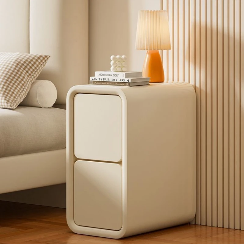 

Slim Modern Nightstand - Space Saving Bedside Cabinet, Cream Minimalist No Tools Assembly, Light Luxury Small Spaces
