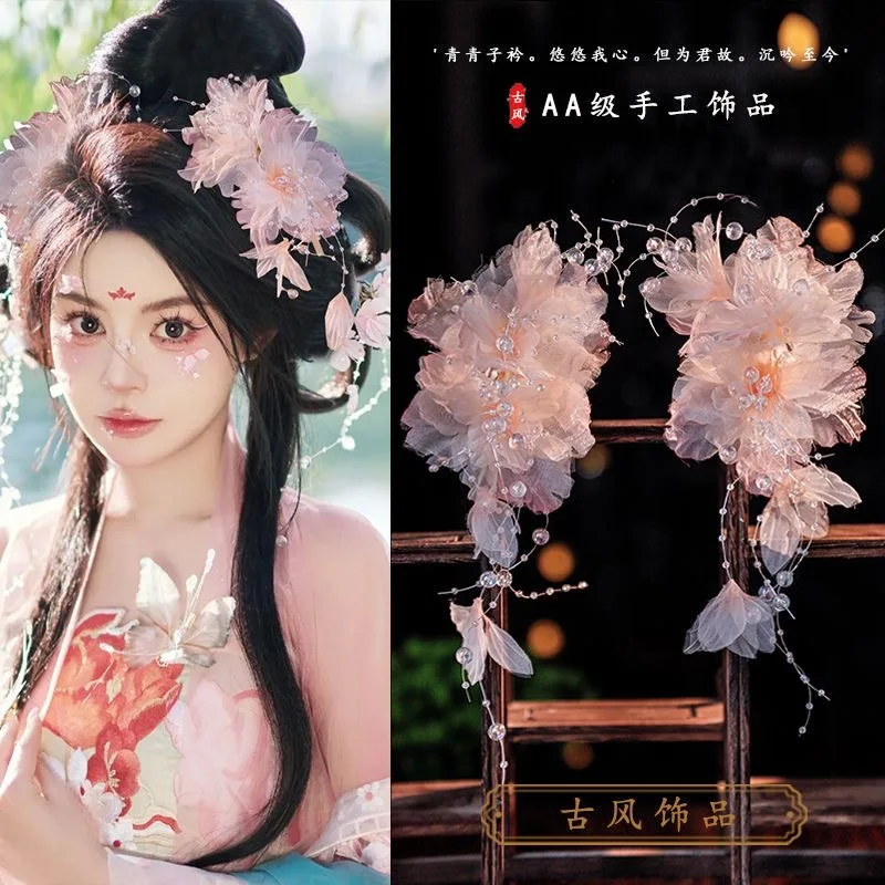 lolita-grampo-de-cabelo-renda-flor-rosa-chiffon-clipe-fada-borda-clipe-acessorio-de-cabelo-estampagem-quente-hanfu-headwear