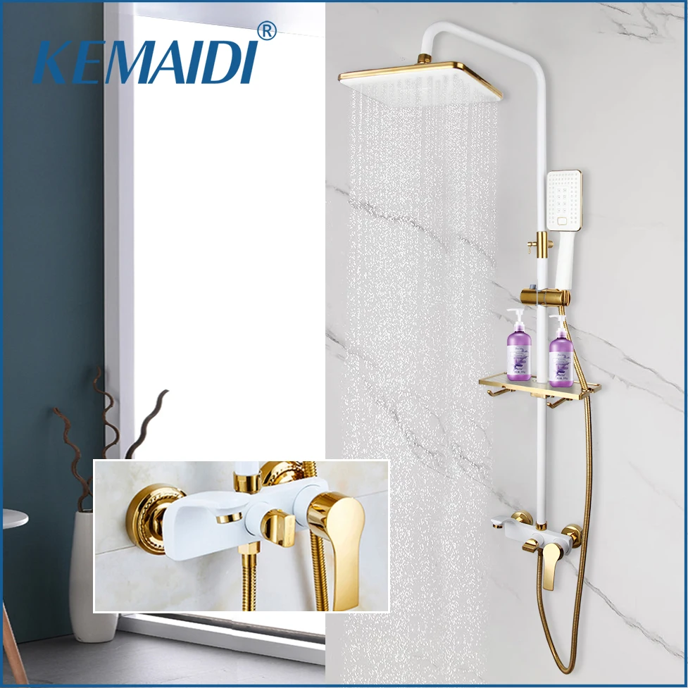 kemaidi bathroom shower conjunto with shelf wall mount shower system misturador quente e frio chuva de ouro branco conjunto de torneira de banheira 01