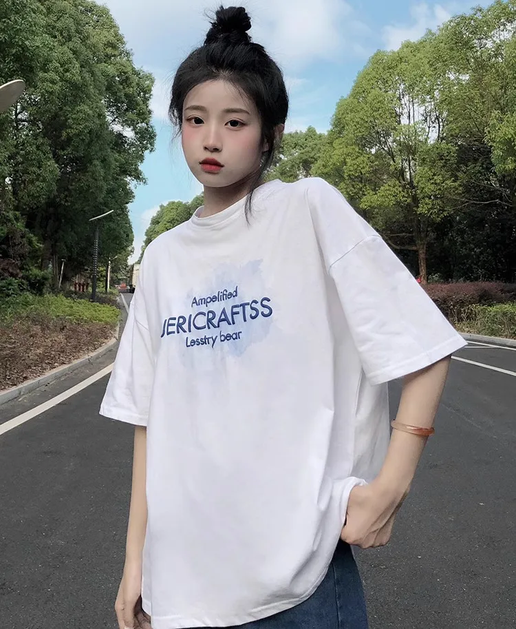 T-shirt ortod Sve in puro cotone da donna con stampa di lettere americane Capispalla dimagrante versatile e alla moda Larghezza superiore