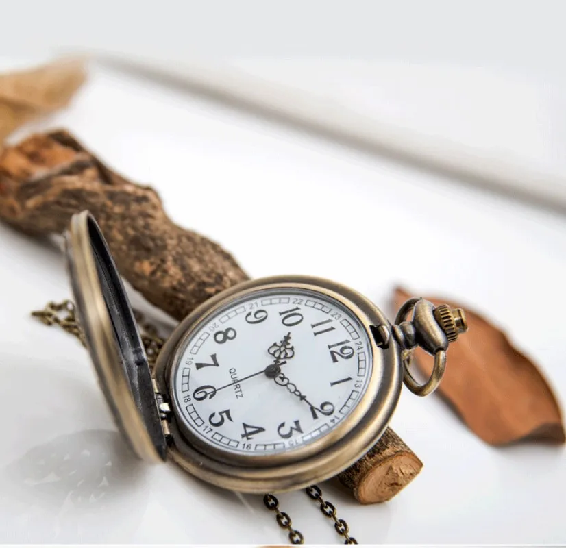 Hollow Coin Shapes Quartz Pocket Watch Retro Bronze New Men Kids Fans Souvenir Gifts with 80cm Neck Chain Clock Relogio