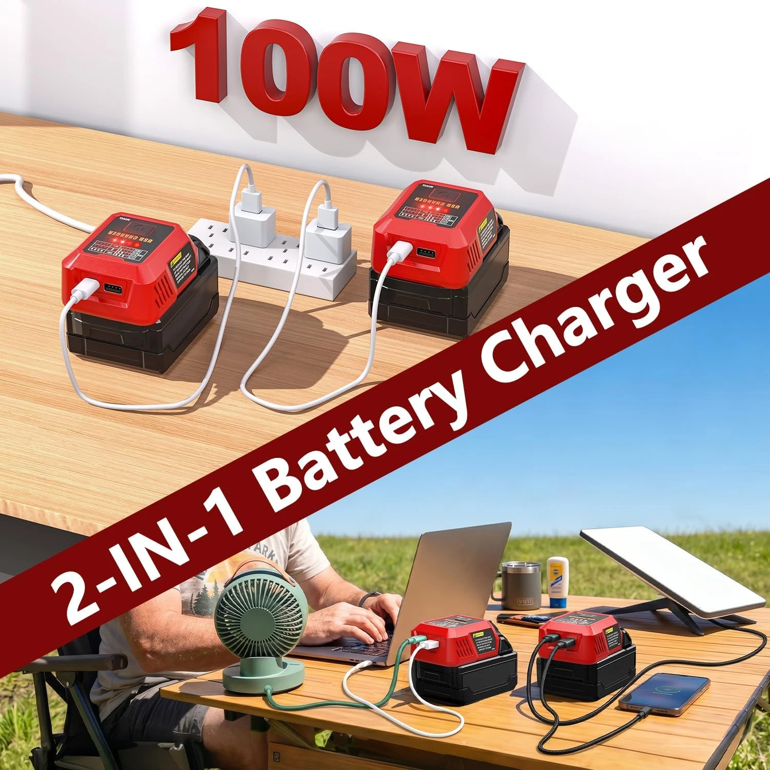 100W USB-C-Ladegerät kompatibel mit Milwaukee 18V-Akku, Netzadapter mit USB-A-Anschluss, Ladehub für Handys & Tablets – Detail 3