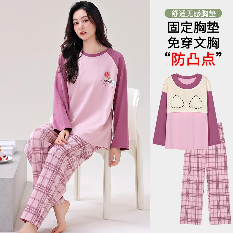 Newest Spring and Autumn 100% Cotoon Pyjamas With Chest Pad Big Size M-3XL Female Pajamas Set Long Sleeve Casual Sleepwear