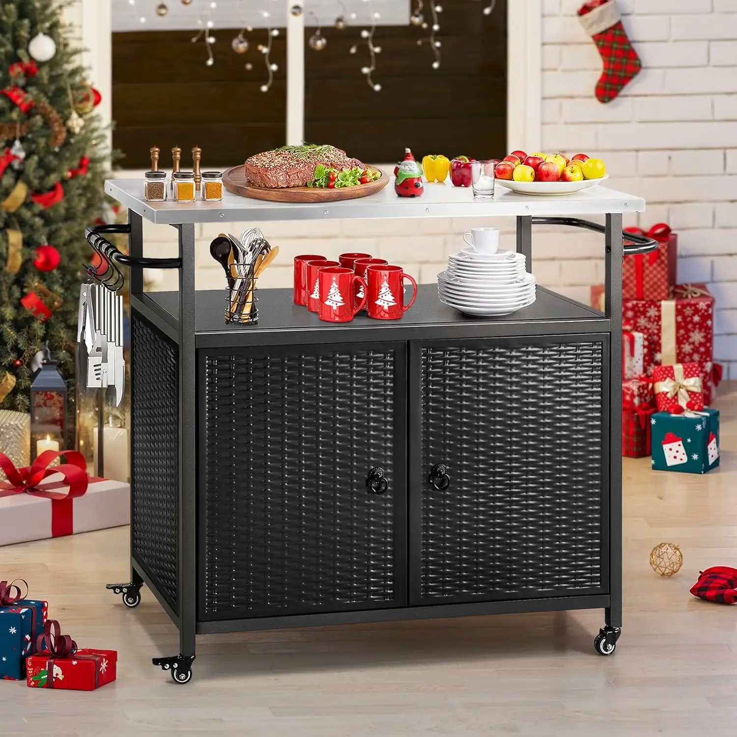 

Outdoor Grill Cart with Storage, Outdoor Bar Cart with Wheels, Kitchen Island Cart with Stainless Steel Top for BBQ, Patio, Back