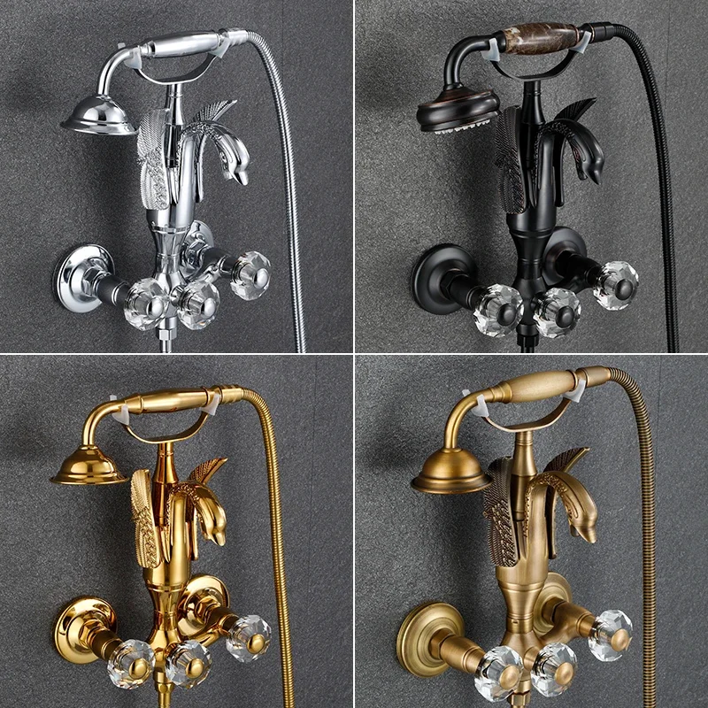 

Gold/Antique Brass Washroom Bathtub Faucet Wall Mounted Swan Faucets Dual Handle Control Crystal Grip