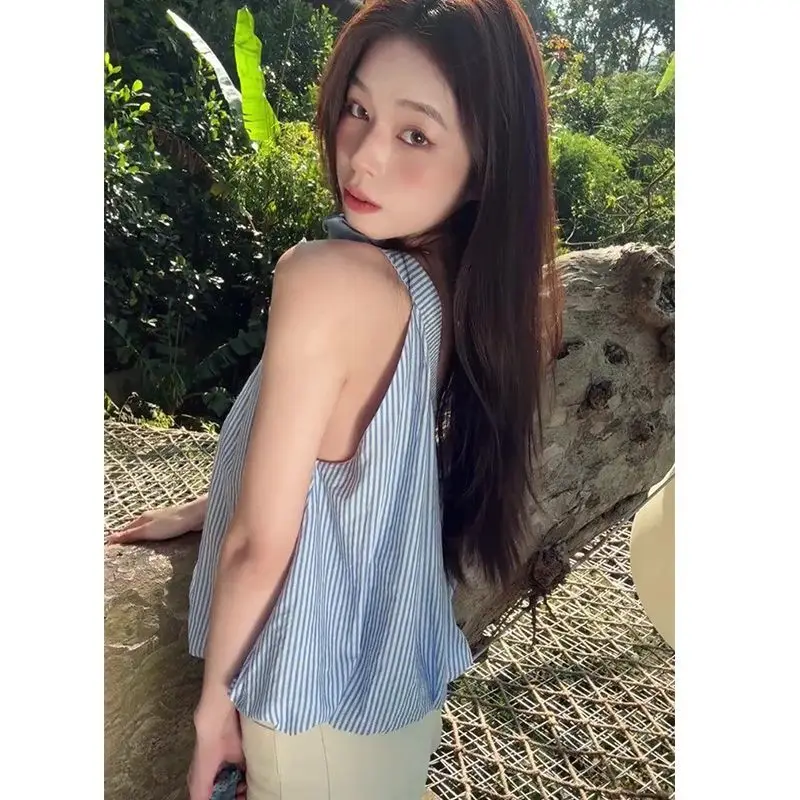 

French Girlish Sweet Fluffy Short Sleeveless Vest Vacation Style Three-dimensional Flower Design Striped Top Women