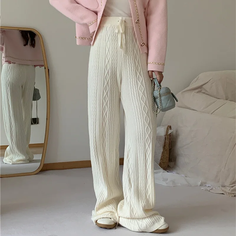 레트로 다이아몬드 니트 와이드 레그 팬츠 여성용 가을 겨울 부드러운 드레이핑 스트레이트 레그 루즈 슬리밍 캐주얼 롱 팬츠