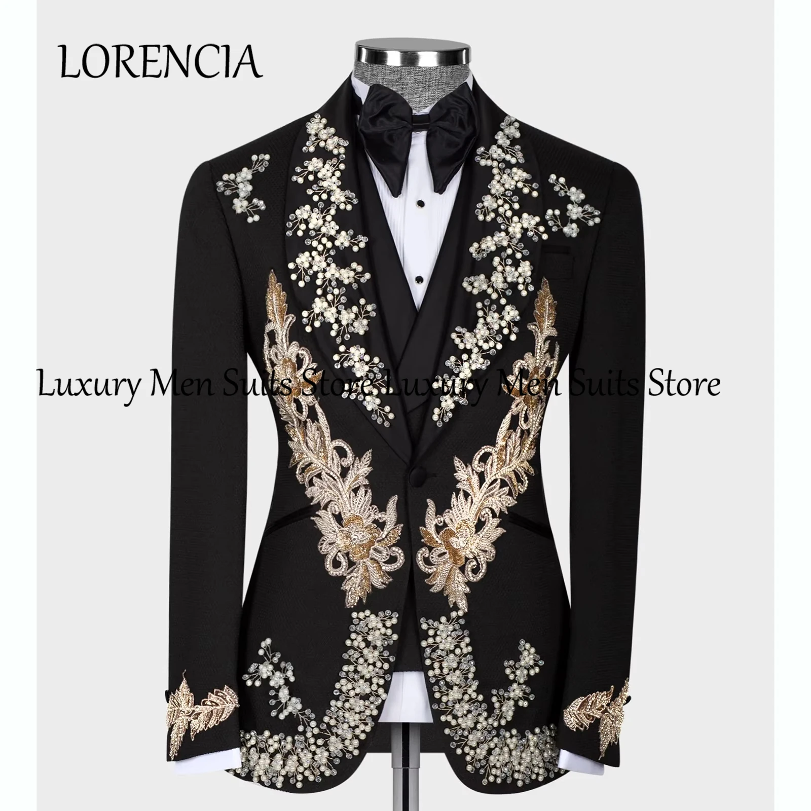 Terno Masculino de Luxo 3 Peças com Jaqueta de Smoking, Bordado de Pérolas e Aplique Floral para Casamento e Baile de Formatura - Terno Completo
