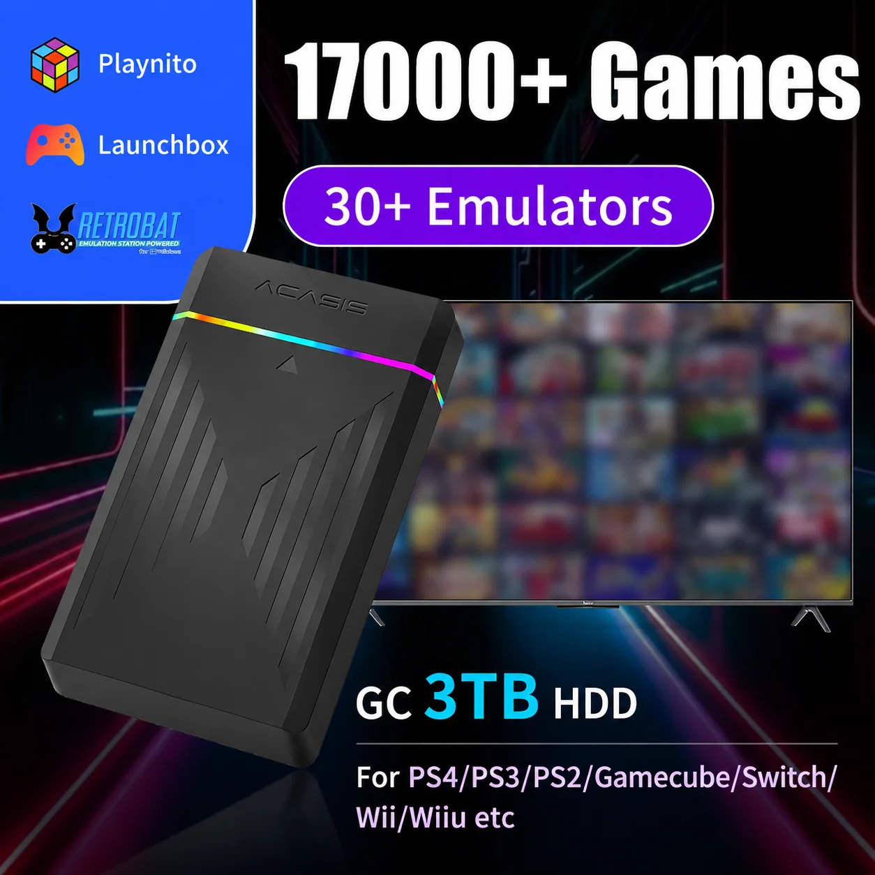 Portable GC 3TB Gaming HDD Launchbox&Playnite&Retrobat Game Console for PS4/Switch/PS3/PS2/Wii/Wiiu with 17300+Games Plug and Play for Win PC/Laptop