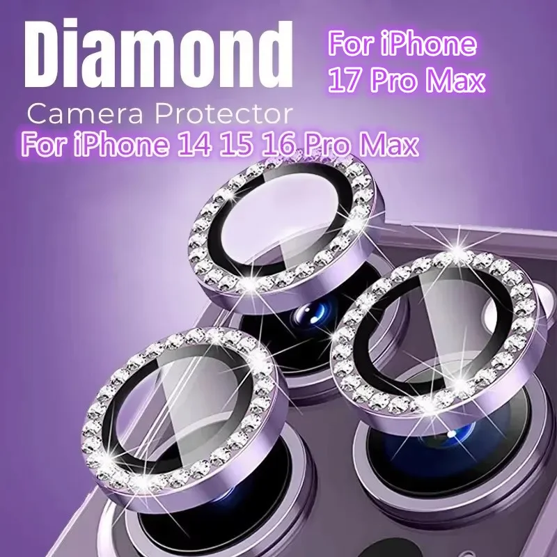 

2-3Pcs Luxury Diamond Camera Protector For iPhone 17 Pro Max Plus 16 ProMax Metal Ring Lens Tempered Glass On iphone 15Pro 14 16