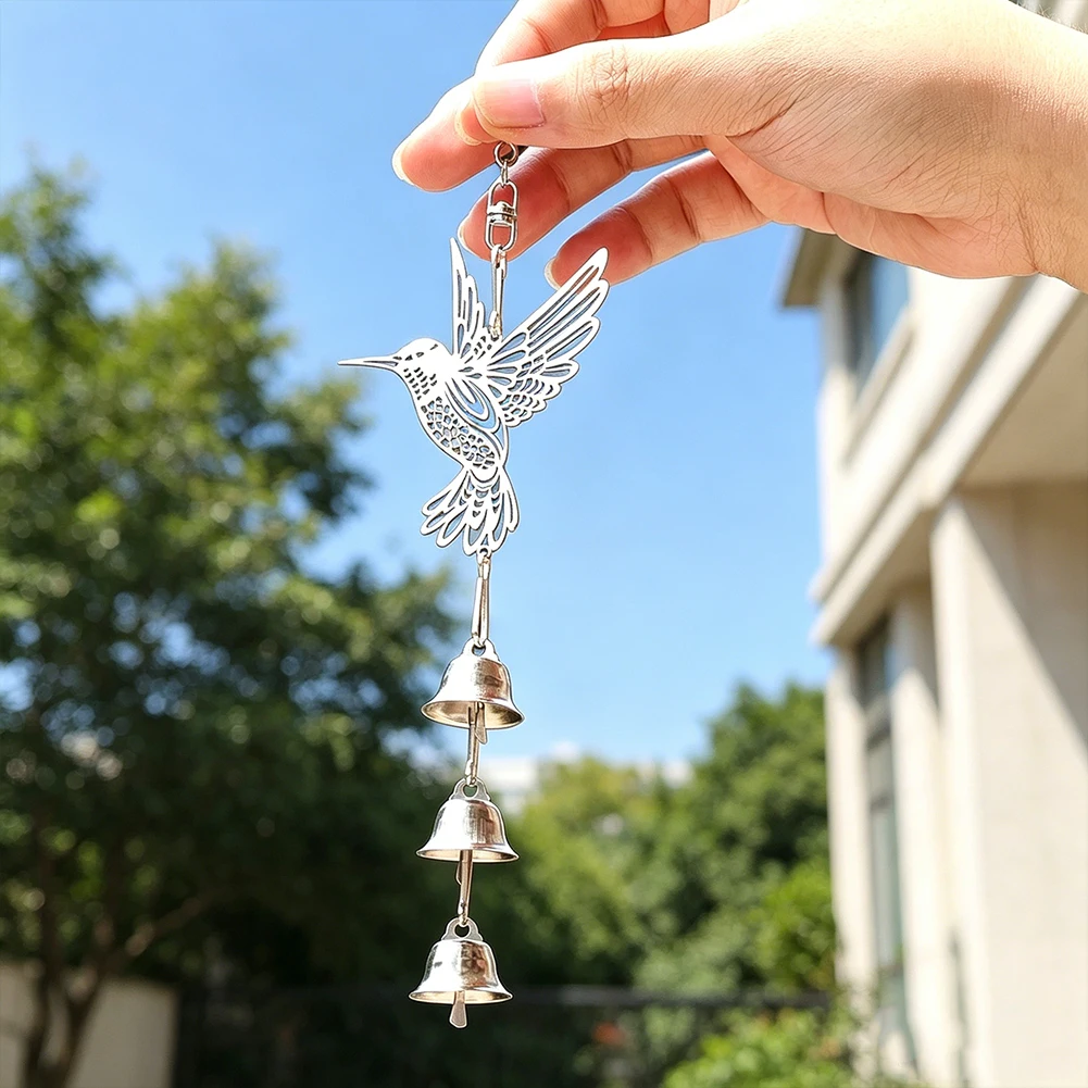 Metal Hummingbird Wind Chime Hanging Ornament with Triple Bells Window Garden Decor DIY Sun Catcher Home Boho Celestial Gift