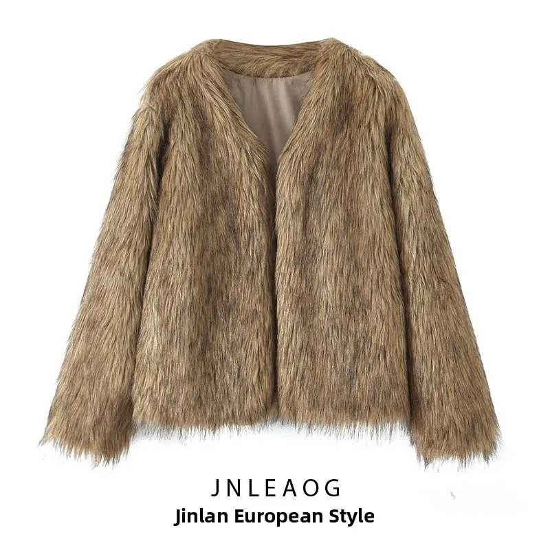 เสื้อโค้ทผู้หญิง JNLEAOG รุ่นแฟชั่นอเนกประสงค์ สำหรับฤดูใบไม้ร่วง  ผ้าขนสัตว์เทียม ทรงหลวม  ผ้าโพลีเอสเตอร์  แขนยาว  ความยาวปกติ  ไม่มีฮู้ด