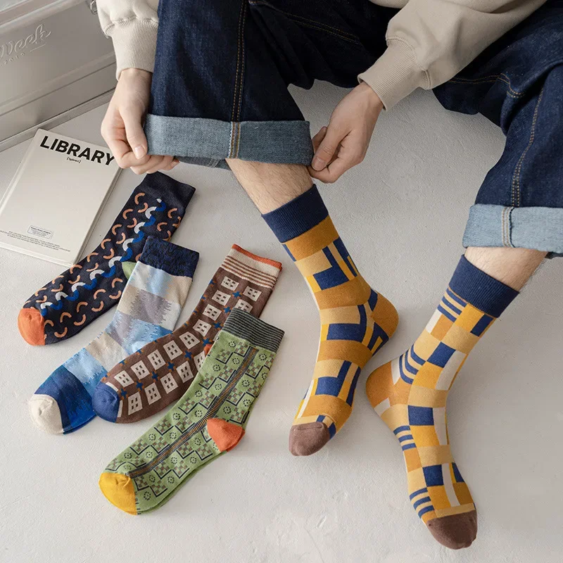 Personality Men's Socks Autumn and Winter Checkered Color Matching Middle Tube Sock Trendy Jacquard Sports Socks Calcetines