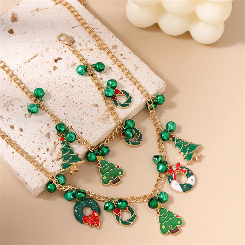 Modisches Weihnachtsbaum-Kranz-Glocken-Halsketten-Armband-Schmuckset für Frauen und Mädchen Neujahrs-Festival-Schmuckgeschenke – Detail 5
