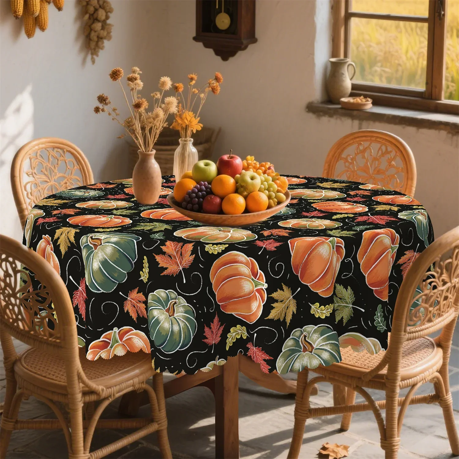 Orange-green pumpkin, red-yellow autumn leaves, black tablecloth (washable), rural style, Thanksgiving partyxzj