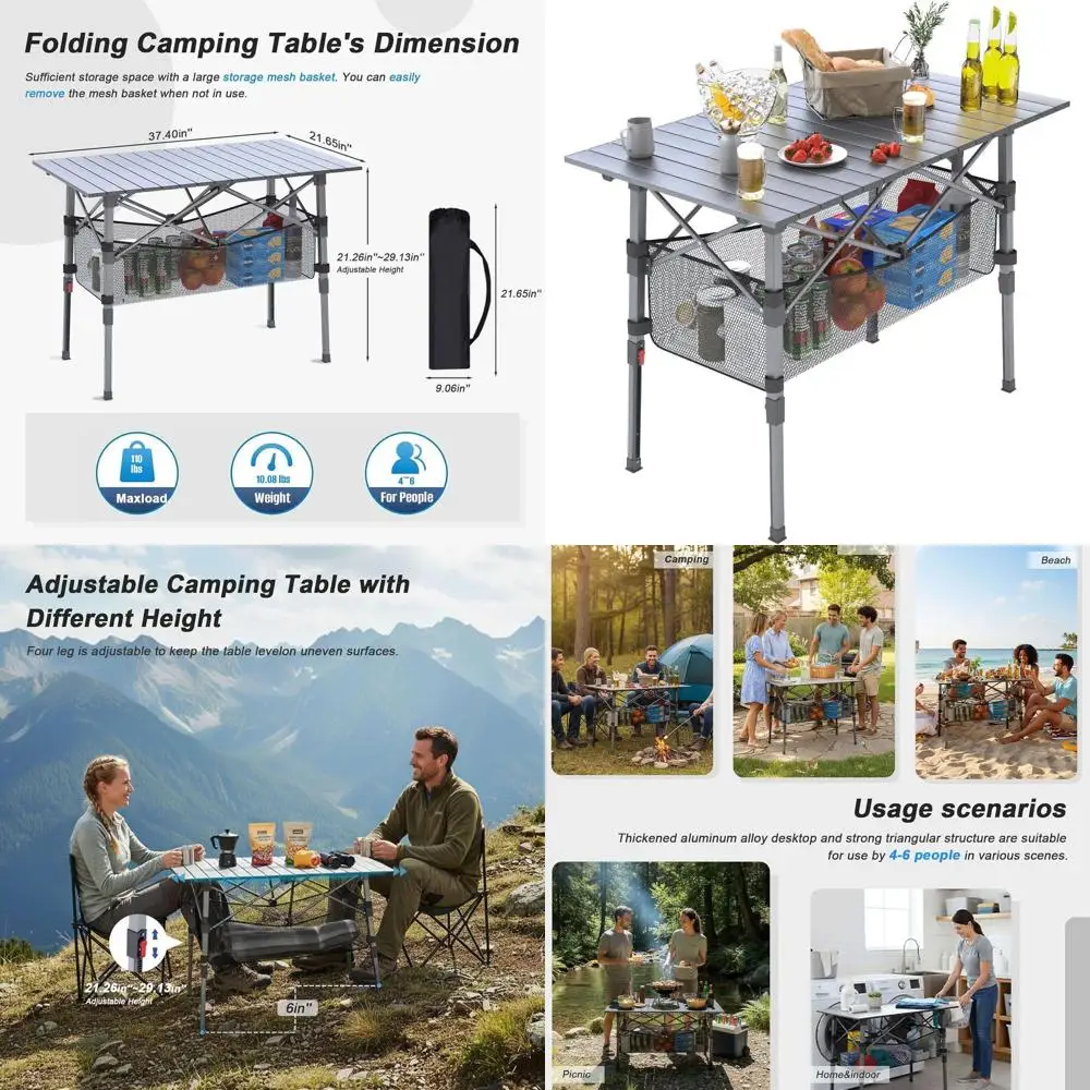

Adjustable Height Portable Camping Table, Lightweight Roll-Up Beach Picnic Table with Large Storage Basket (Black, Medium 37)