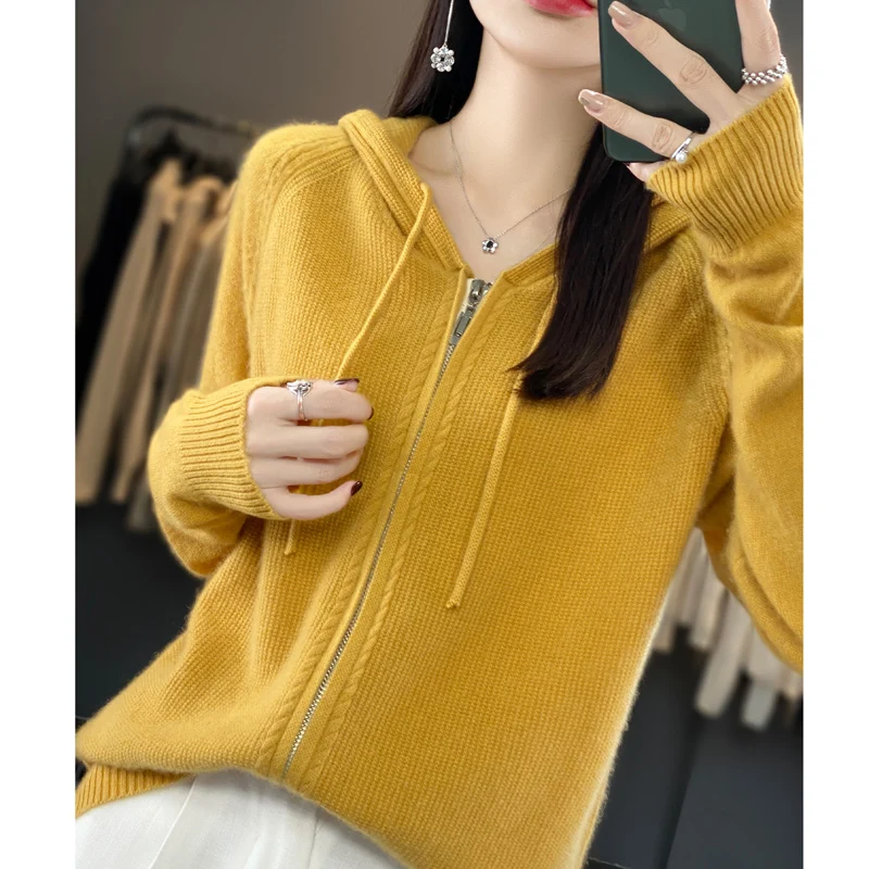 Spring and autumn knitted wool cardigan ladies loose zipper hoodie with fashion solid color wool sweater outside