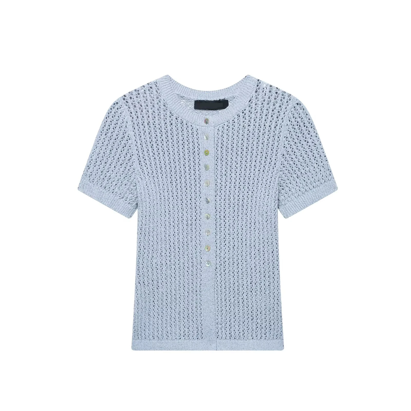 

Blue Hollow Knitted Sweater For Women Casual Single Breasted Cardigan Jumper 2025 New Summer Round Neck Short Sleeve Knitwear
