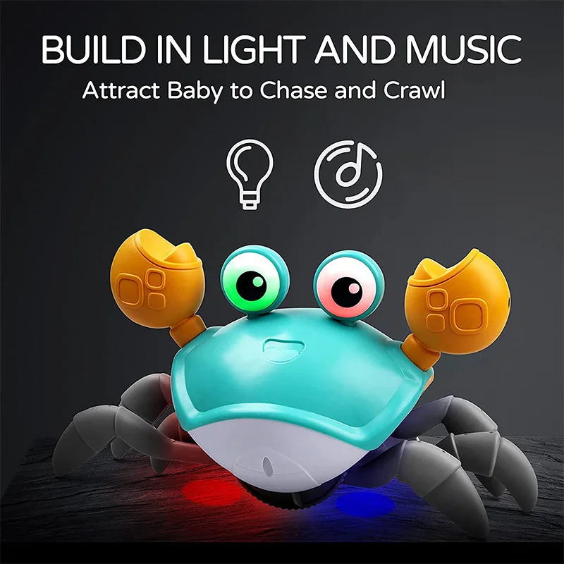 Crawling Crab Baby Toys With Music LED Light Up Musical Toys For Toddler Automatically Avoid Obstacles Interactive Toys For Kids