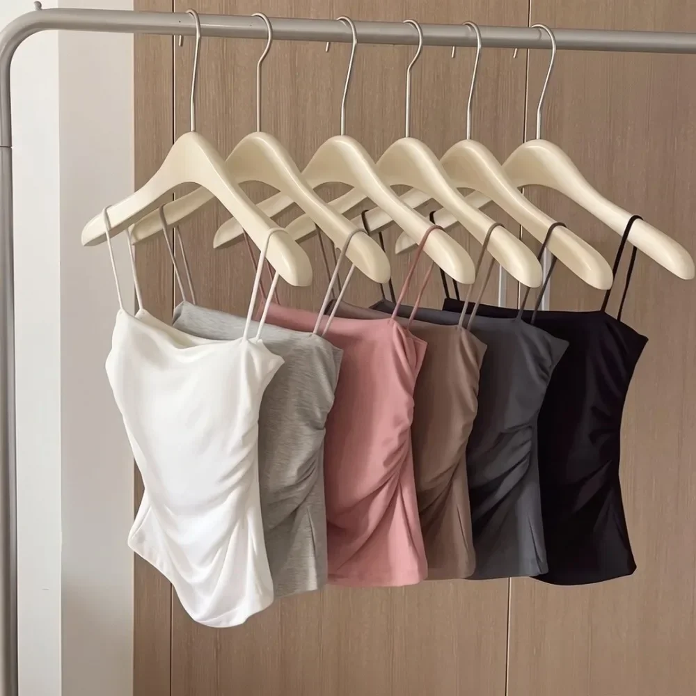 Style Soft Thin Strap Tank Top Women Built in Chest Pads Side Ruched Slim Fit Multi Color Summer Inner & Outer Camisole