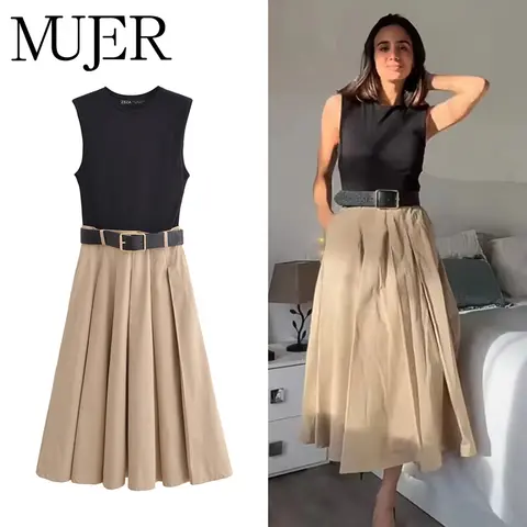 MUJER 2025 Woman Dresses Belt Pleated Midi Dress Women Sleeveless Summer Dress Woman Knitted Party Dresses for Women Sundress