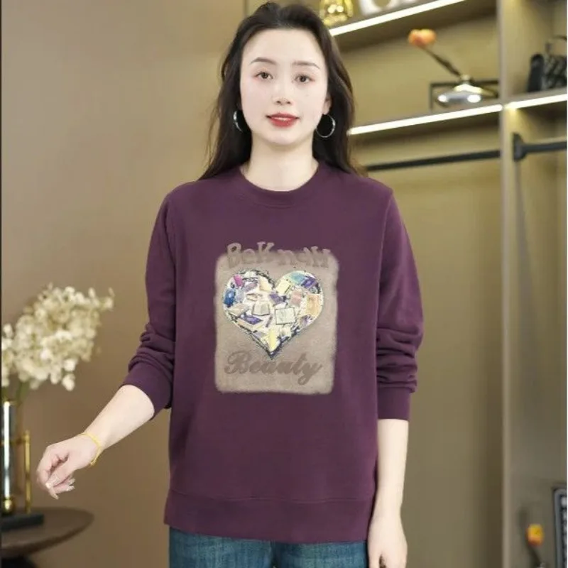 Moda solta manga comprida em torno do pescoço topo com fendas moletom casual moda outono estilo novo impresso versátil topo