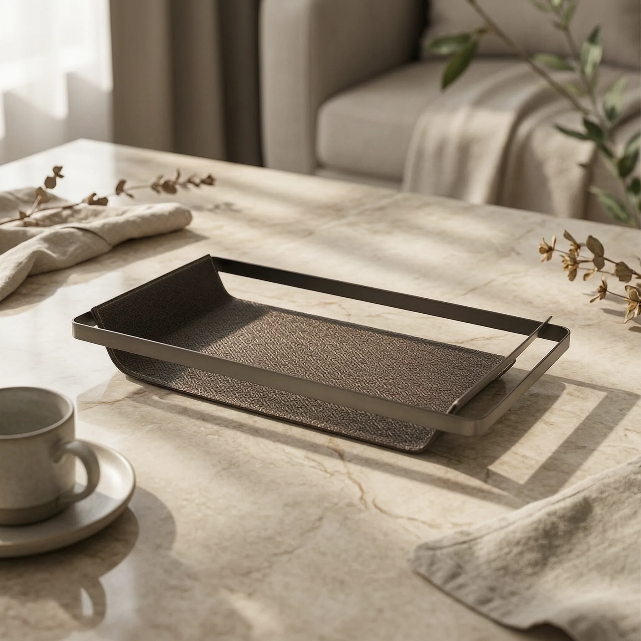 Tray with Leather Liner Rectangular Valet Tray Minimalist Stylish for Home Decorators, Coffee Table, Office