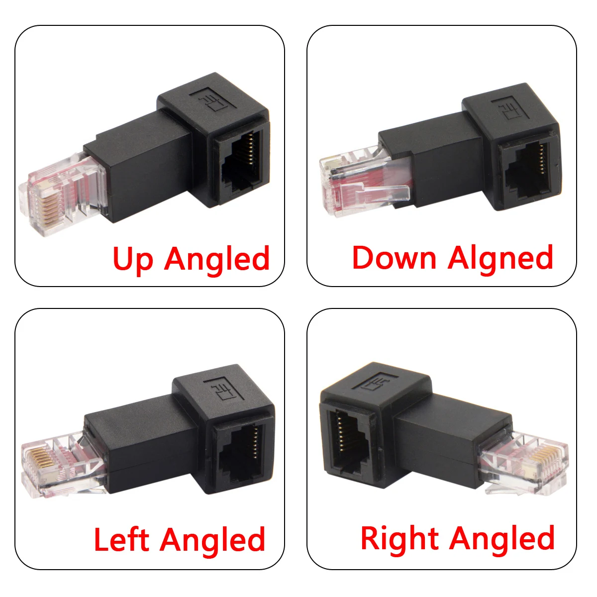 อะแดปเตอร์สำหรับต่อสายเคเบิ้ล8P8C FTP STP UTP CAT 5e ตัวผู้กับตัวเมียสายแลนอีเทอร์เน็ตสำหรับขยายเครือข่ายสีดำซ้ายขวาขึ้นที่เป็นมุมลง