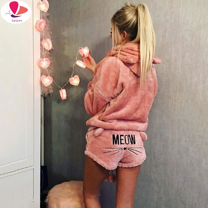 

Women Coral Velvet Suit Two Piece Autumn Winter Pajamas Warm Sleepwear Cute Cat Meow Pattern Hoodies Shorts Set 2024 New