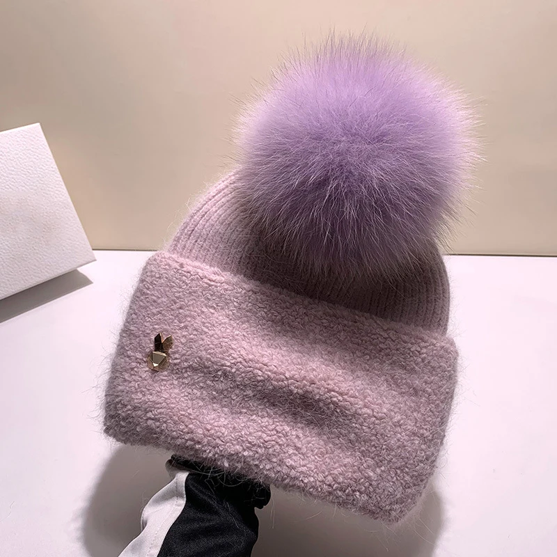 

Hat Women Winter Angora Knit Beanie Pompom Real Fur Autumn Warm Skiing Accessory For Sports Outdoors