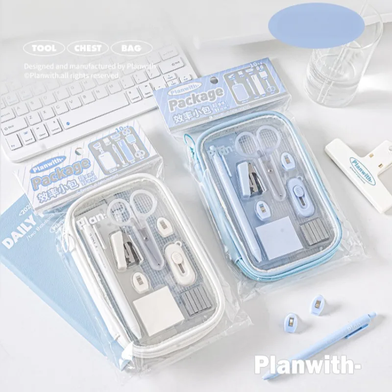 

10pcs/bag Mini Student Stationary Set for Kids Simplicity Blue White Color Pen Ruler Stapler Scissors Knife Set School Supplies