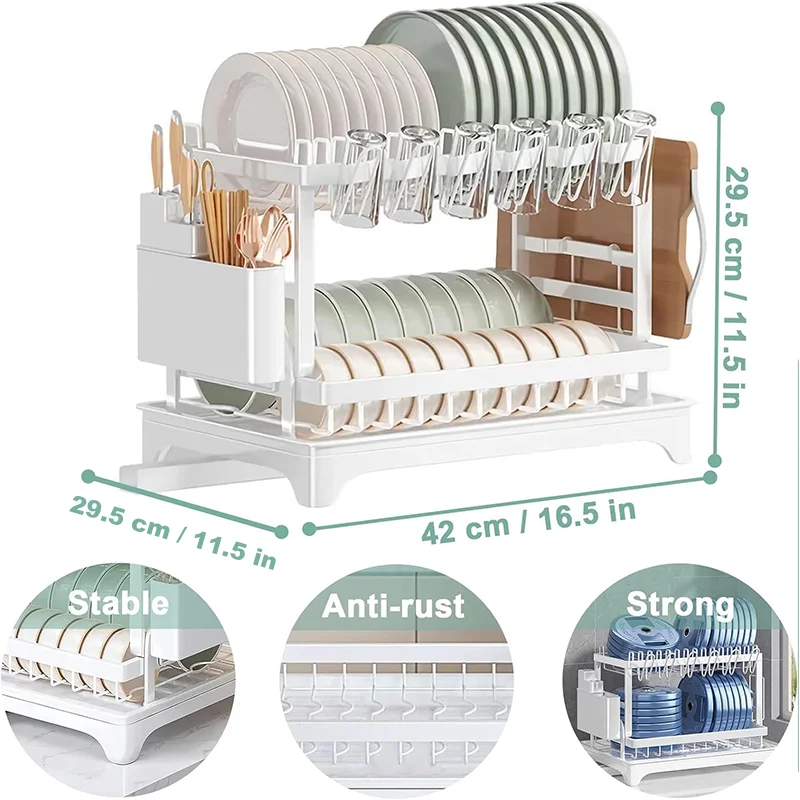 

2 Tiers Kitchen Dish Bowl Drainer Storage Rack With Chopstick Cage Space Saver Kitchen Counter Organizer Tableware Drainboard