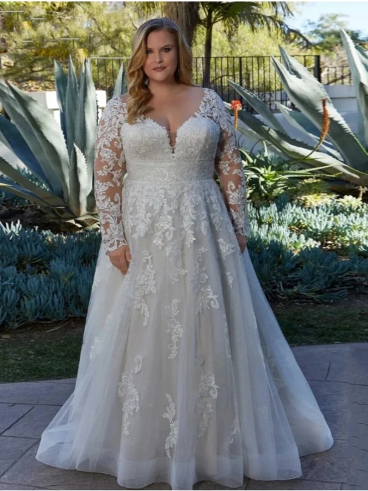 Robes de mariée A-ligne à col en V, grande taille, manches longues, mariée, quelle que soit la dentelle appliquée, dos nu, balayage, train, tulle, 2024