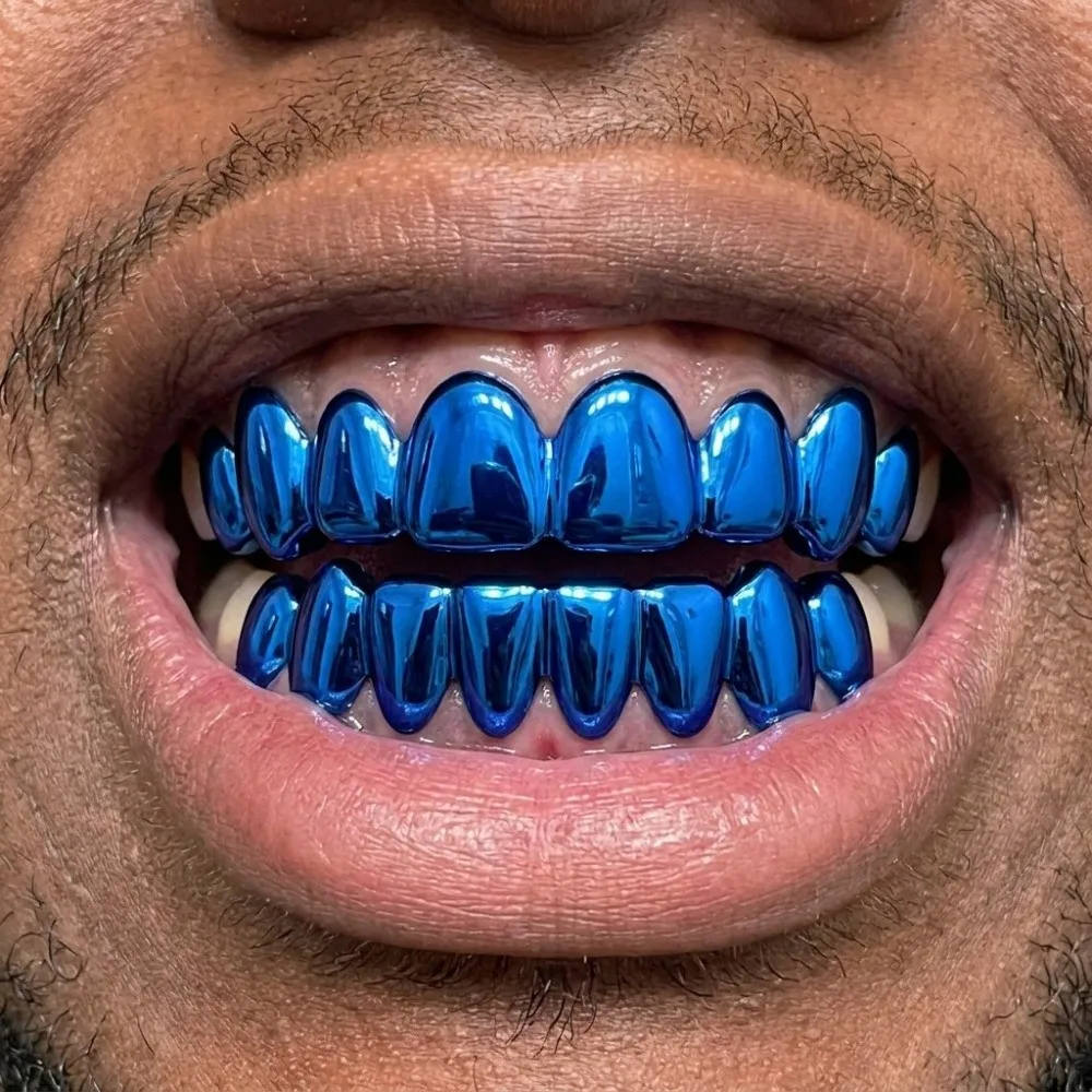 2pcs/set Glossy Finish Teeth Grillz Top Bottom Set Anti Slip Eco-friendly Copper Teeth Grillz Caps Blue Green Teeth Jewelry