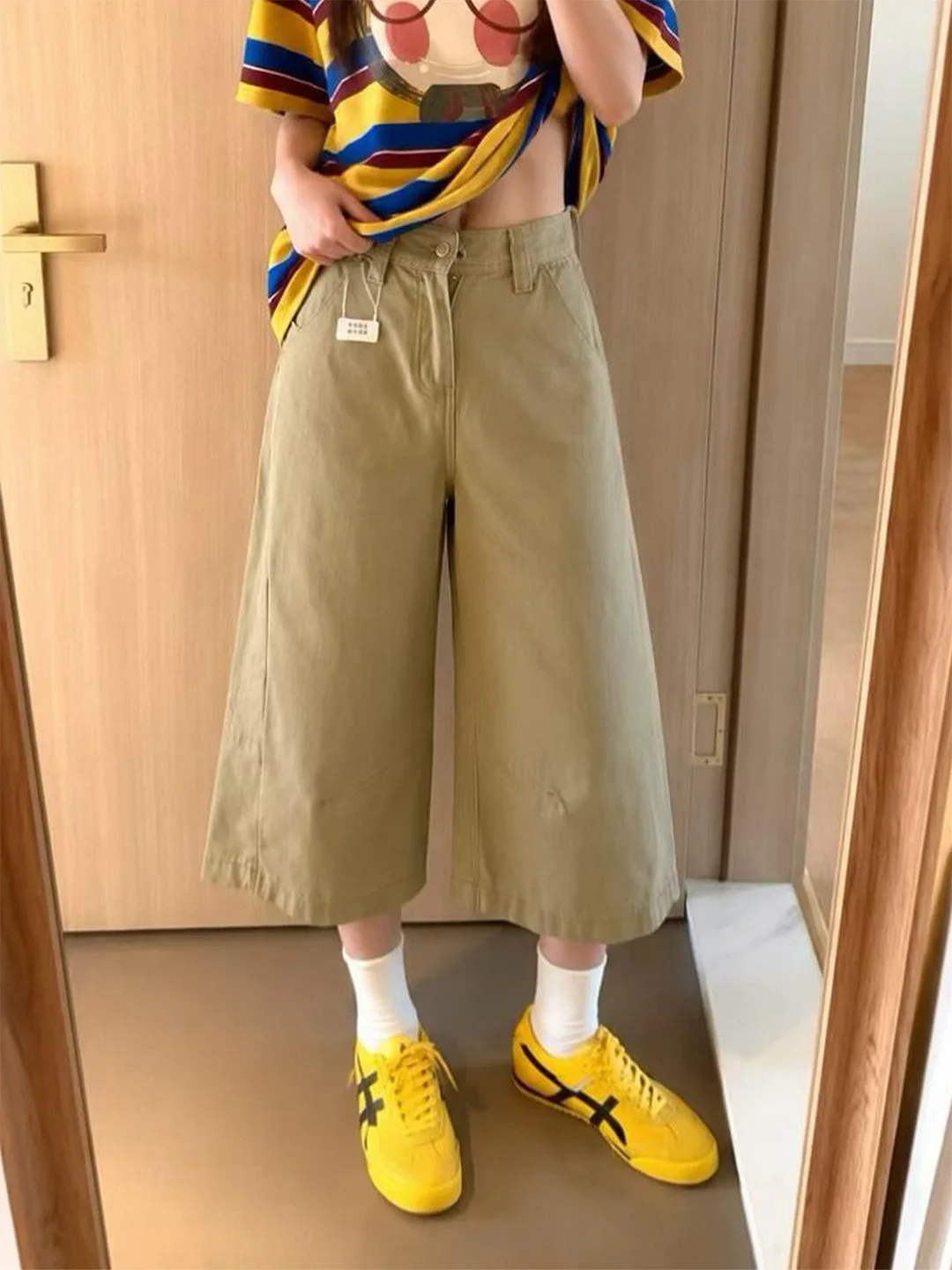 

American Style Khaki Wide Leg Jeans Women's Summer New Vintage Slim Fit Thin Seven-Foot Denim Pants Low Waist Zipper Closure