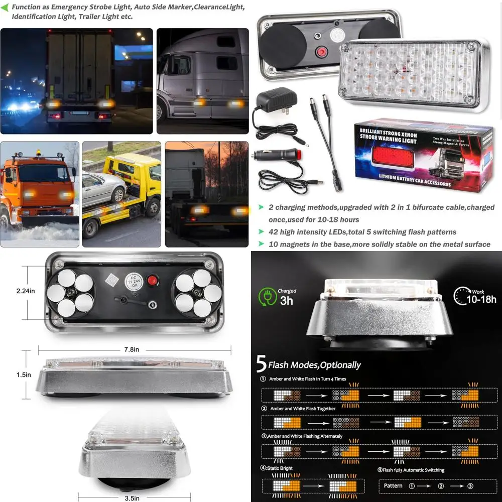 

Wireless Magnetic Amber/White Strobe Lights, Portable 42 LED Hazard Beacons for Trucks & Trailers, 5 Patterns, Surface Mount, Re