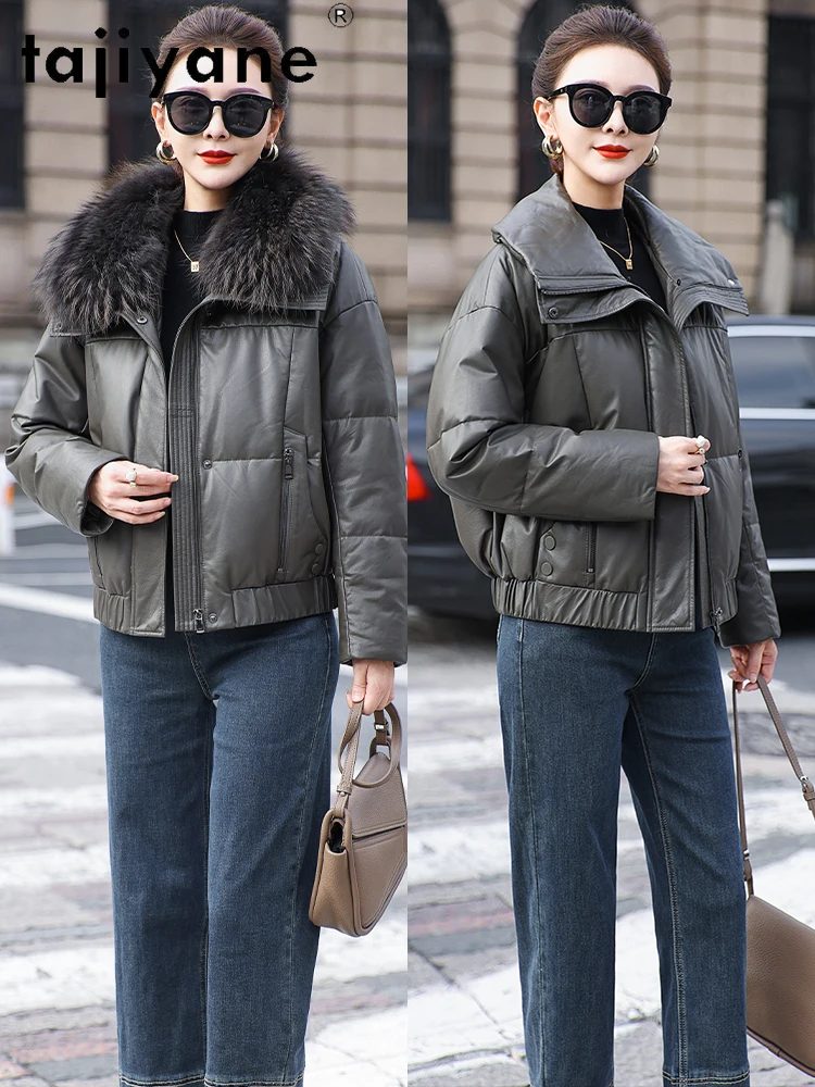 TAJIYANE 100 % genarbte Rindslederjacke für Damen, Waschbärpelzkragen, weißer Gänsedaunenmantel, kurze Pufferjacke, 2025, Damenbekleidung