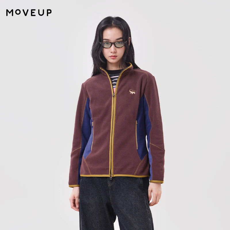 MOVEUP Embroidery Fleece Zip Up Coats 2026 Winter Stand Collar Slant Pockets Coat Color Block Splicing Warm Outwear 3ELD10713
