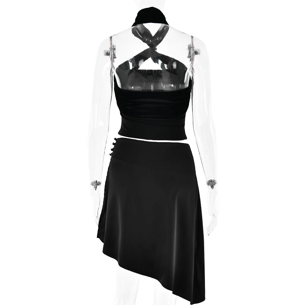 Vestido de fiesta de 2 piezas para mujer, corta con cuello minifalda Halter, sin mangas, informal, Sexy, color negro