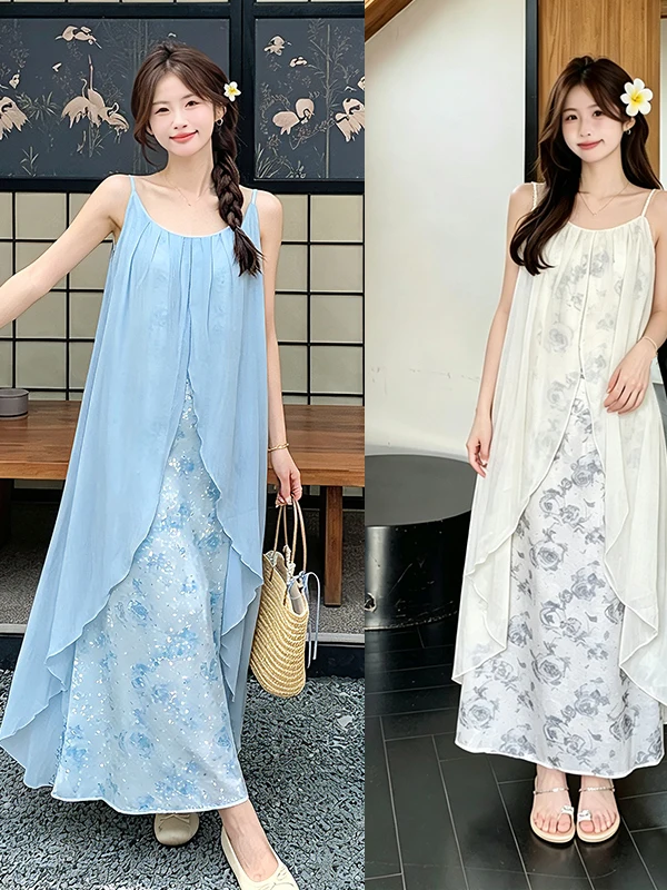 

plus Size Beach Vacation Casual Dress Women's Loose Fit Dopaamine Heavy Embellished Strap Dress Cardigan Style Summer Long Skirt