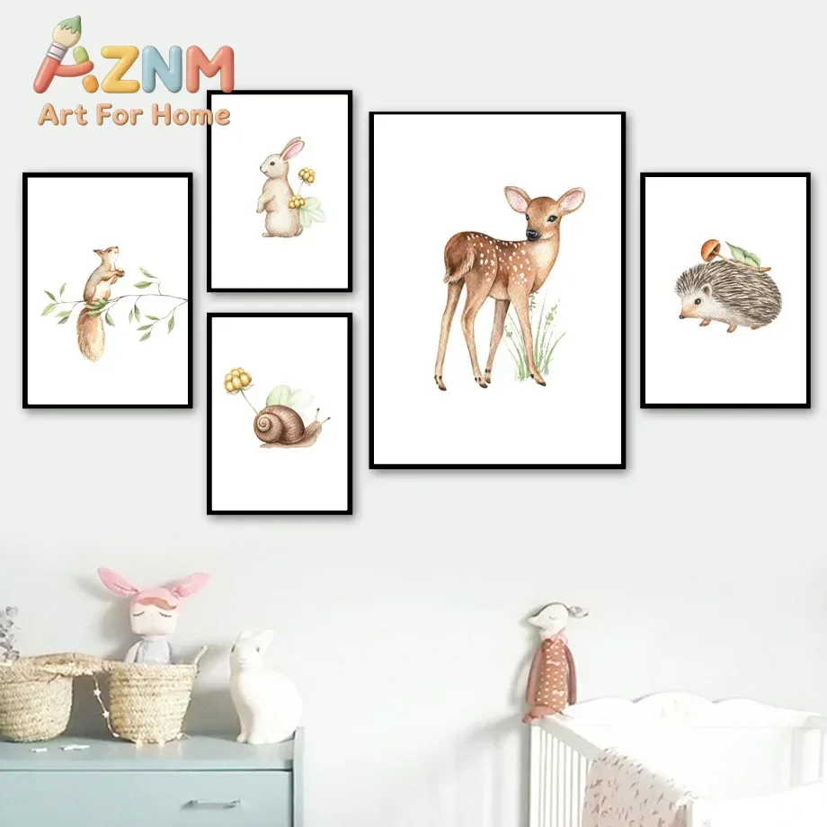 AZNM Woodland Animal Canvas Poster Watercolor Deer Rabbit Squirrel Hedgehog Snail Print Forest Kids Nursery Wall Art Unframed Ca