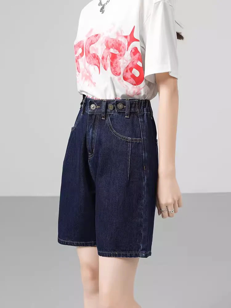 New Women Summer Dark Blue Denim Shorts Fashion All-match Stretch Waist Loose Shorts Casual Basic Straight Thin Shorts