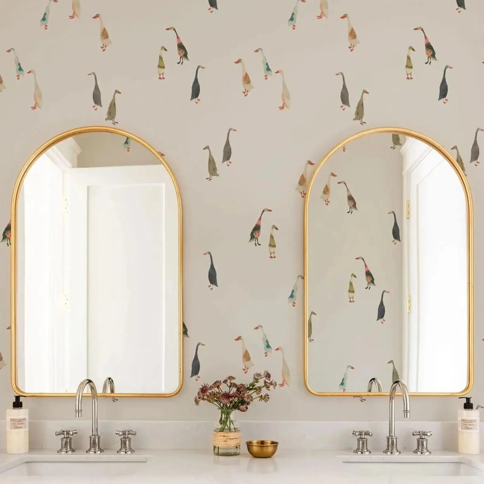 Playful Goose Wallpaper Roll, Cute Animal Pattern Wall Mural For Nursery & Bathroom Decor, Peel and Stick Or Traditional Papers