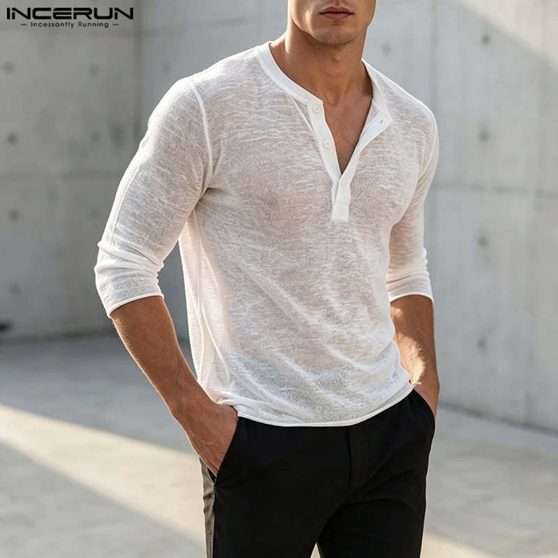 INCERUN Men's T Shirt Solid Color V Neck Long Sleeve Loose Casual Men Clothes Streetwear 2026 Fashion Leisure Tee Tops For Man