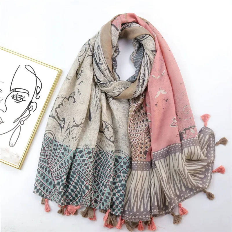 

Autumn Women Viscose Scarf Vintage Paisley Floral Tassel Hijab Shawls and Wraps Foulard Echarpe Bufandas Muslim Sjaal 180*90Cm