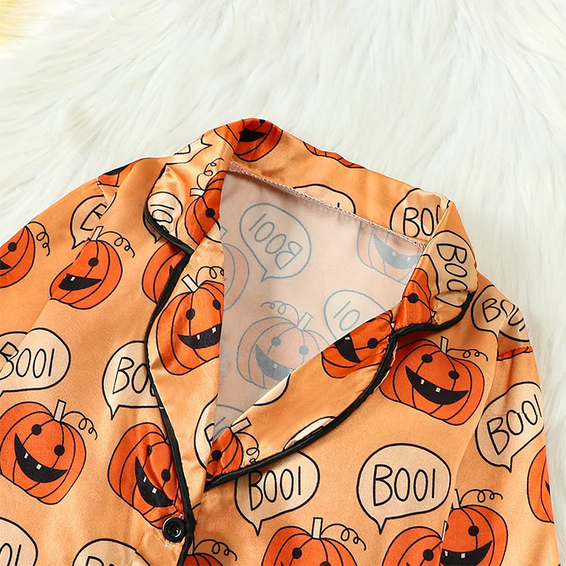 Kid Girls Boys Halloween Pajamas Set Pumpkin Print Long Sleeve Button-Down Tops Long Pants Autumn 2 Pieces Lounge Suit Sleepwear