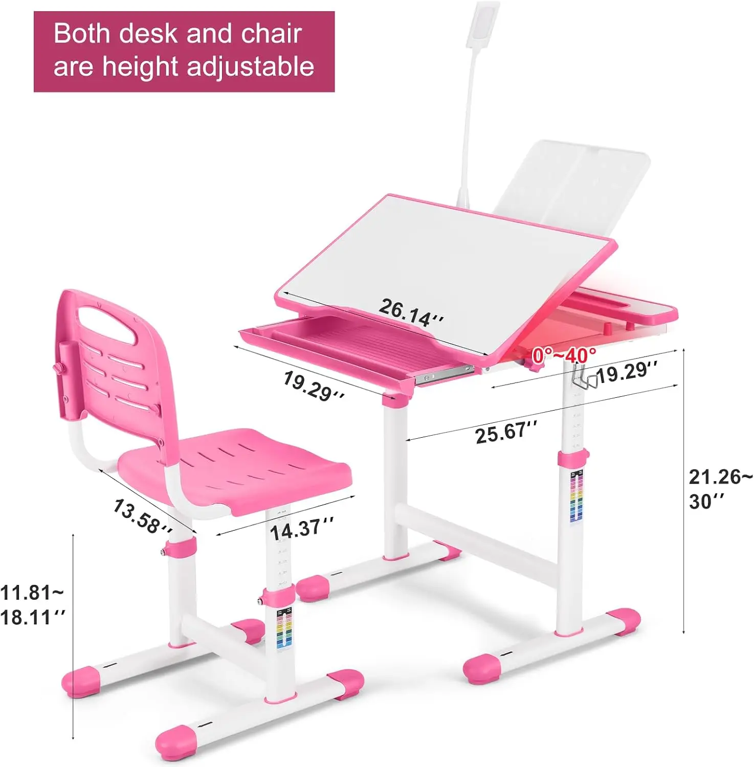 Kids Desk Chair Set Height Adjustable With LED Light Drawer Ergonomic Tiltable Desktop Study Drawing Table For Boys Girls Age 3