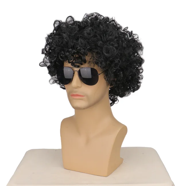 Synthetic Mens Black Short Curly Rocker Disco Wig with Glasses Boys Wet Look Wig 70s Mullet Wig,Michael Jackson Role Play Wig
