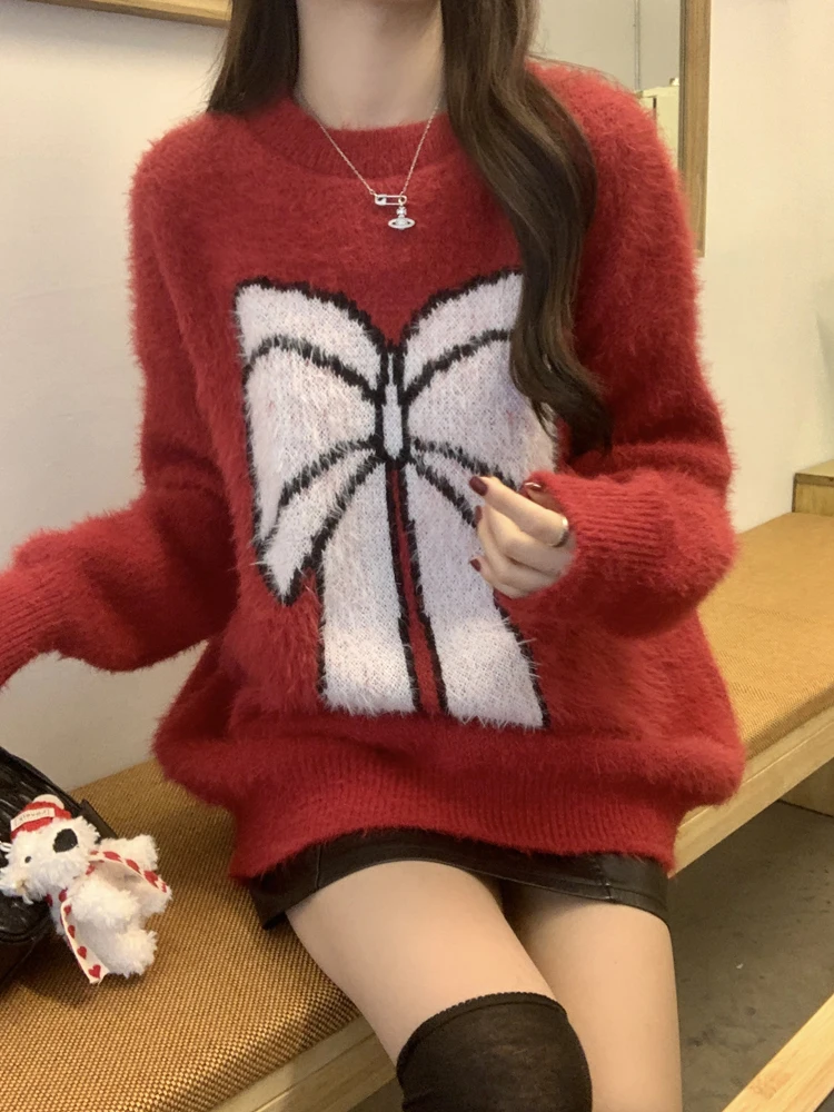 Lazy Style Winter Elegant Knitting Sweater Sweety Girly O-Neck Cute Bow Christmas Pullovers Full Sleeve Loose Thickening Sweater